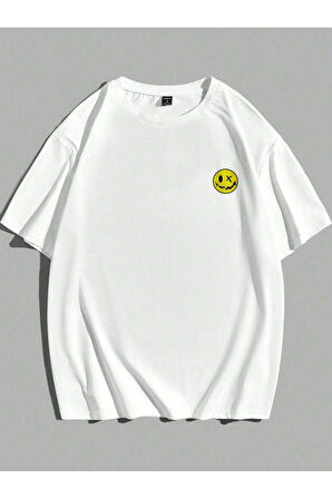 Kadın Beyaz Papatya Baskılı Bisiklet Yaka T-shirt