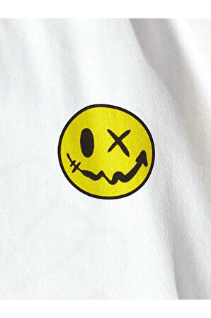 Kadın Beyaz Papatya Baskılı Bisiklet Yaka T-shirt