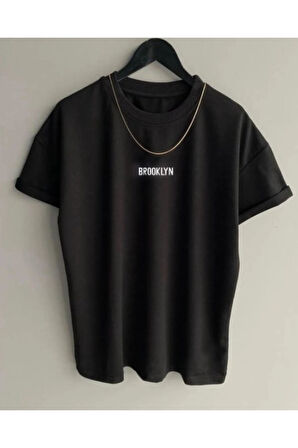 Unisex Siyah Brooklyn Baskılı T-shirt