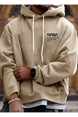 Erkek Bej Nasa Yazı Detay Baskılı Oversize Sweatshirt