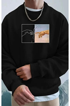 Erkek Siyah El Baskılı Bisiklet Yaka Sweatshirt
