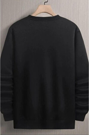 Erkek Siyah El Baskılı Bisiklet Yaka Sweatshirt