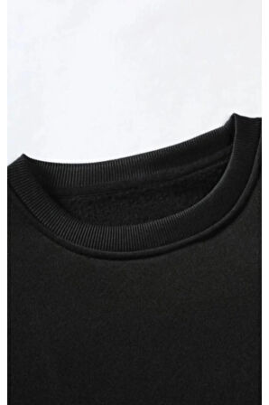 Erkek Siyah El Baskılı Bisiklet Yaka Sweatshirt