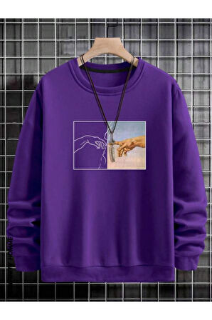 Erkek El Baskı Bisiklet Yaka Sweatshirt