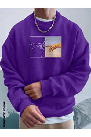 Erkek El Baskı Bisiklet Yaka Sweatshirt