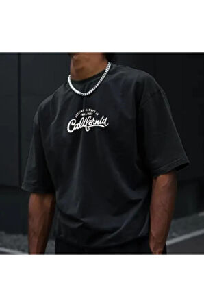 Erkek Siyah Göğüs California Baskılı Oversize T-shirt