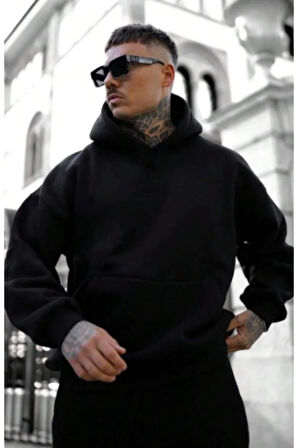 Erkek Siyah Sırt God We Baskılı Oversize Kapşonlud Sweatshirt