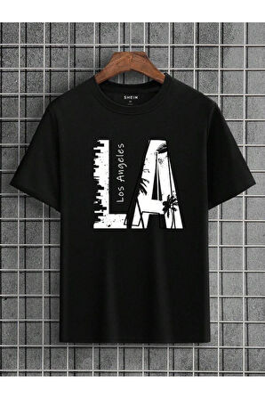 Erkek Siyah LA Baskılı Oversize T-shirt