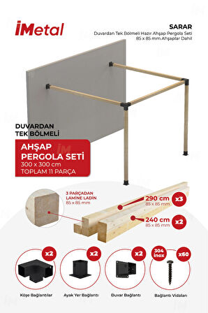 İmetal Sarar Duvardan Tek Bölümlü Hazır Ahşap Pergola Seti 85 x 85 mm Ahşaplar Dahil