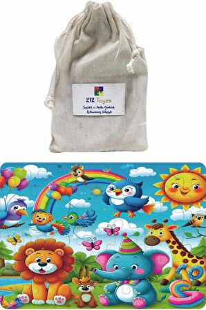 Rengarenk UV Baskılı Sevimli Hayvanlar Temalı Kumaş Keseli Montessori 54 Parça Ahşap Puzzle