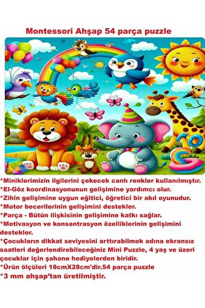 Rengarenk UV Baskılı Sevimli Hayvanlar Temalı Kumaş Keseli Montessori 54 Parça Ahşap Puzzle