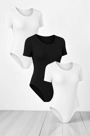 Kadın Pamuklu Likralı Penye Kısa Kol Bisiklet Yaka Siyah & Beyaz & Siyah 3'lü Çıtçıtlı Body
