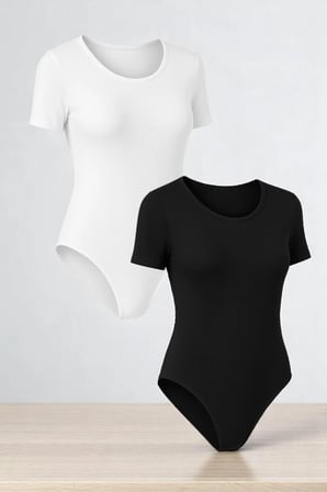 Kadın Pamuklu Likralı Penye Kısa Kol Bisiklet Yaka Siyah & Beyaz 2'li Çıtçıtlı Body