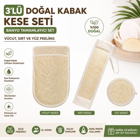 3 lü set doğal kabak kesesi banyo tamamlayıcı set, vücut, sırt ve yüz peeling, kadın & erkek