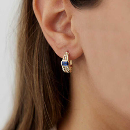 Sıralı Top Detaylı Gece Mavisi Küpe