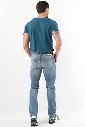 Erkek Dizi Yırtık Regular Fit Jean Pantolon Mavi