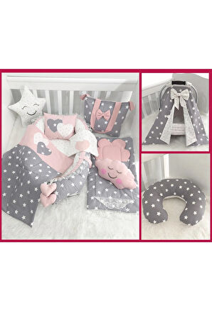 Nest Gri Ve Pudra Yıldızlı 11 Parça Full Set Lüx Jaju-babynest Anne Yanı Bebek Yatağı