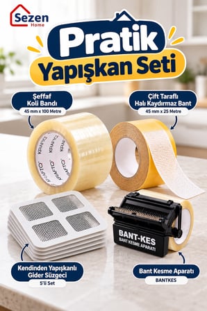 Pratik Ev İhtiyaç Seti – Güçlü Koli Bandı, Çift Taraflı Halı Kaydırmaz Bant, 5'li Gider Süzgeci ve Bant Kesme Aparatı
