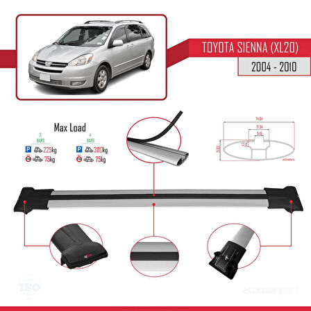 Toyota Sienna 2 (XL20) 2004-2010 Arası ile Uyumlu FLY Model Ara Atkı Tavan Barı Gri 3 Adet