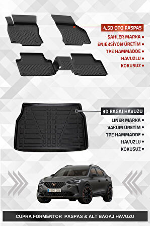 Sahler Cupra Formentor 2020-2024 Uyumlu 4.5D Premium Havuzlu Oto Paspas ve Liner Marka 3D ALT Bagaj Havuzu