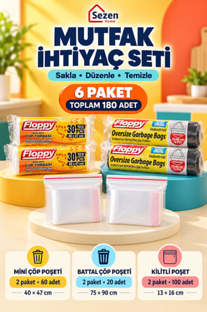 Sezen Home 6 Paket Mutfak İhtiyaç Seti Mini ve Battal Boy Çöp Poşeti + 13x16 cm Kilitli Poşet