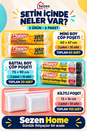 Sezen Home 6 Paket Mutfak İhtiyaç Seti Mini ve Battal Boy Çöp Poşeti + 13x16 cm Kilitli Poşet