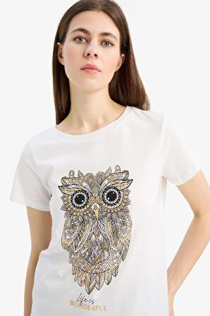 Regular Fit Bisiklet Yaka Baykuş Desenli Penye Kısa Kollu Tişört