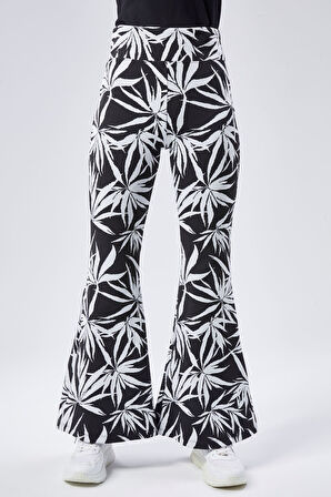 Kadın Yeşil Desenli Yüksek Bel Esnek İspanyol Paça Tayt Pantolan