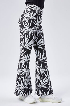 Kadın Yeşil Desenli Yüksek Bel Esnek İspanyol Paça Tayt Pantolan