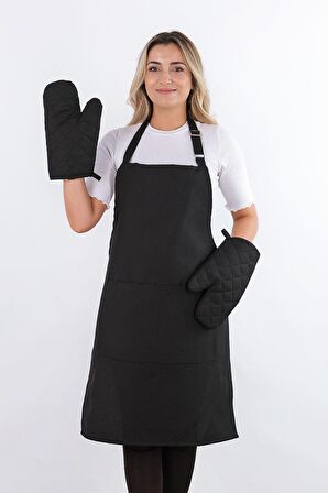 Simple 3'lü Set Ayar Askılı Cepli Mutfak Önlüğü Seti (2 ELDİVEN) Şef Garson Kafe Aşçı Barista