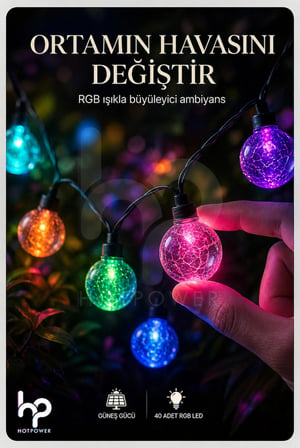 Solar Güneş Enerjili RGB Led Işık 10 Metre 40 Led Su Geçirmez Bahçe Balkon Dış Mekan Aydınlatma Seti