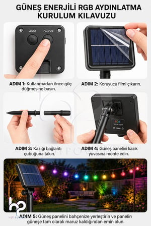 Solar Güneş Enerjili RGB Led Işık 10 Metre 40 Led Su Geçirmez Bahçe Balkon Dış Mekan Aydınlatma Seti