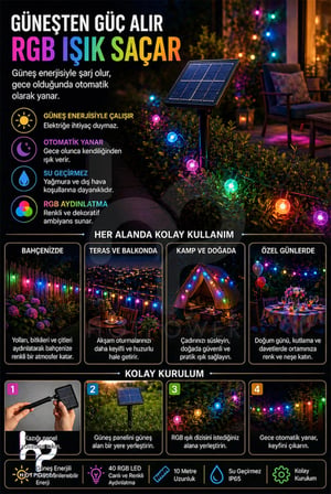 Solar Güneş Enerjili RGB Led Işık 10 Metre 40 Led Su Geçirmez Bahçe Balkon Dış Mekan Aydınlatma Seti