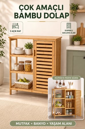 Çok Amaçlı Bambu Dolap – 3 Raflı Kapaklı Mutfak Banyo Ev Ofis Düzenleyici Dolap