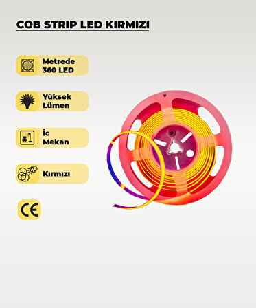 12V COB Şerit Led Kırmızı Işık  - Metrede 360 Led - 5 Metre