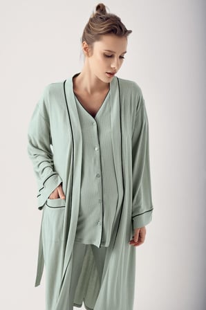 Düğmeli Kısa Kollu Esnek Viskoz Hamile Sabahlık Pijama Takımı 14306