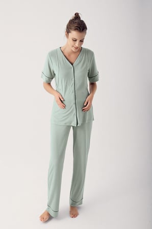 Düğmeli Kısa Kollu Esnek Viskoz Hamile Sabahlık Pijama Takımı 14306
