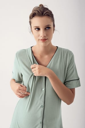 Düğmeli Kısa Kollu Esnek Viskoz Hamile Sabahlık Pijama Takımı 14306