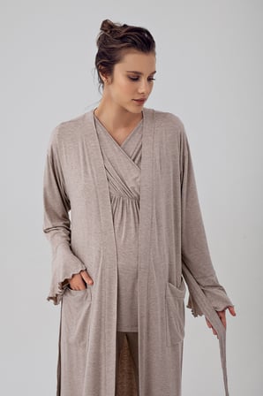 Kısa Kollu Esnek Likralı Viskoz Hamile Sabahlık Pijama Takımı 16309