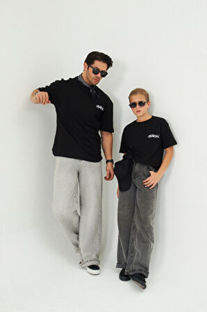 Arka Baskılı %100 Pamuk Unisex Oversize Siyah Çocuk Tişört