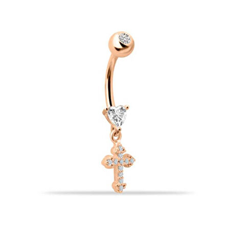 Kalp Taşlı Haç Sallantılı Göbek Piercing