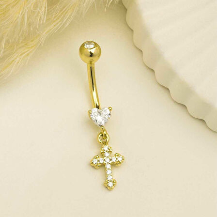 Kalp Taşlı Haç Sallantılı Göbek Piercing