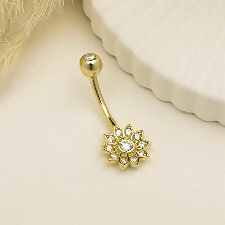 Taşlı Çiçek Motifli Göbek Piercing