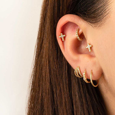 Ortası Taşlı Haç Tragus Piercing