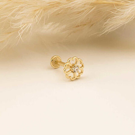 Taşlı Kalp Çiçek Motifli Minimal Tragus Piercing