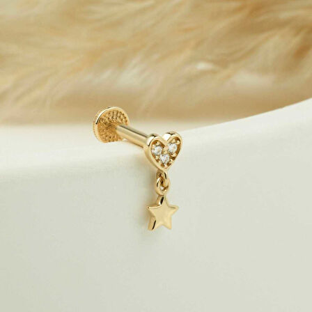 Taşlı Kalpli Yıldız Sallantılı Minimal Tragus Piercing