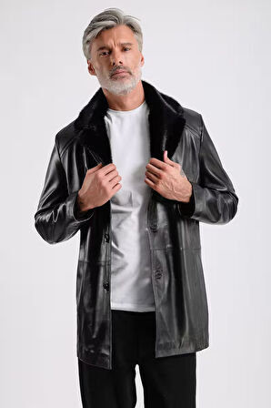 Barella Erkek Yaka Kürklü Deri Kaban