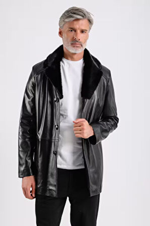 Barella Erkek Yaka Kürklü Deri Kaban