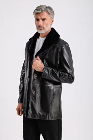 Barella Erkek Yaka Kürklü Deri Kaban