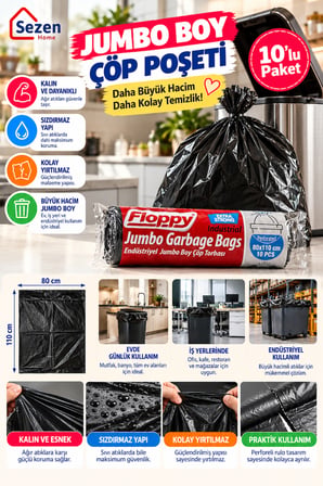 Floppy Jumbo Boy Çöp Poşeti 80x110 cm 10 Adet Siyah Kalın Endüstriyel Çöp Torbası